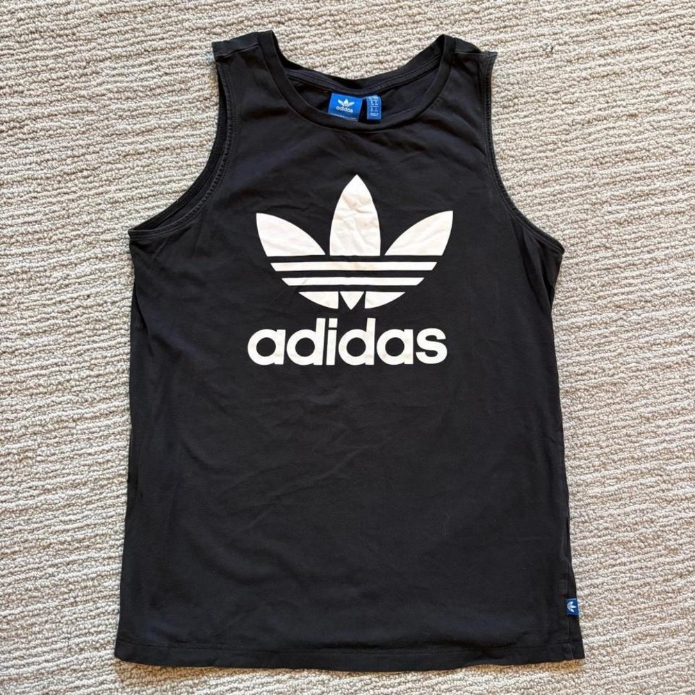 Adidas logo tank black white small sporty athletic gym athleisure 100%‎ cotton